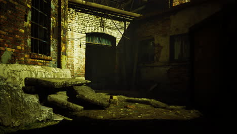 Dark alleyway with brick walls and weathered steps at night