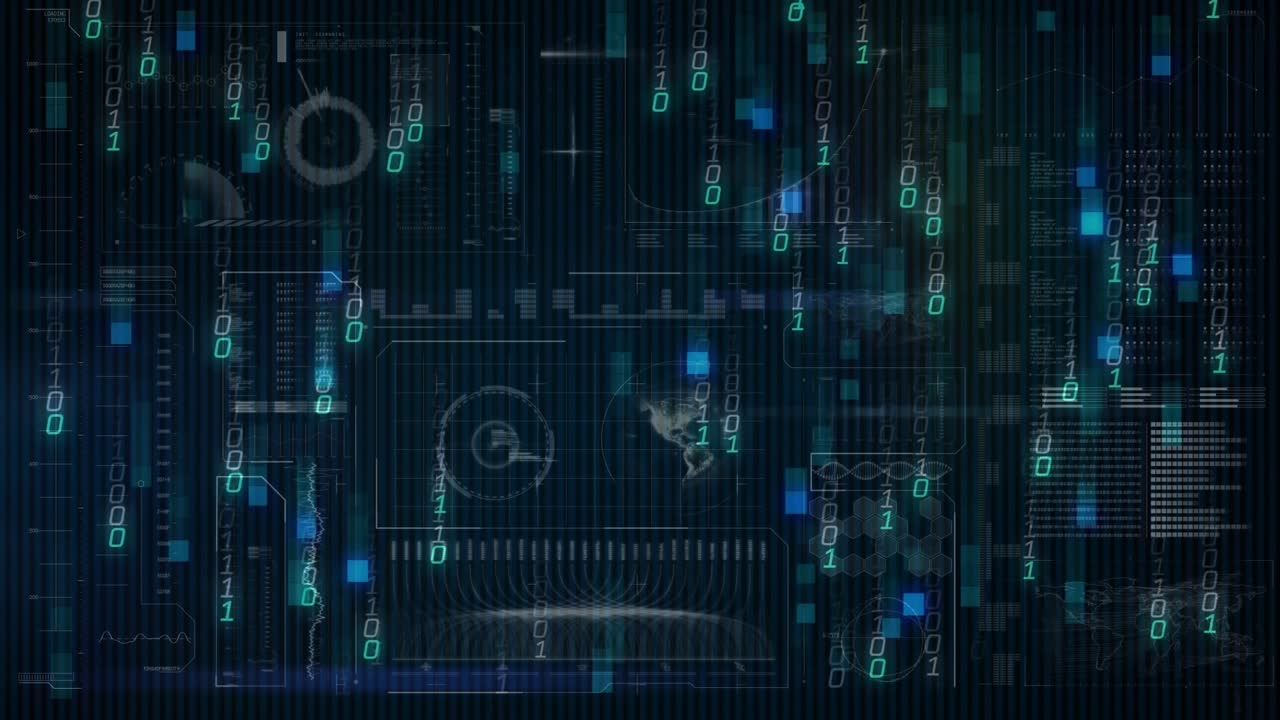 Animation of binary code forming digital network on dark background