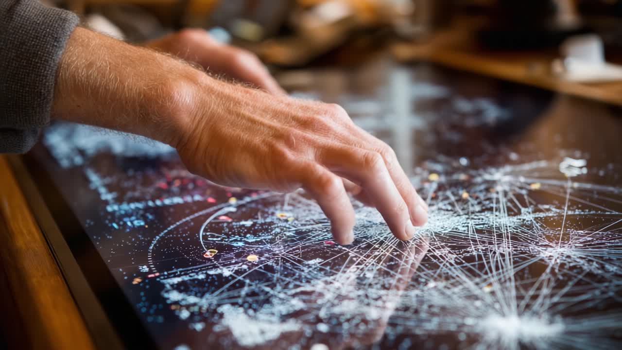 Exploring Complex Data Visualizations: A Hand Interacting with a High-Tech Touchscreen Display of Multilayered Information Networks