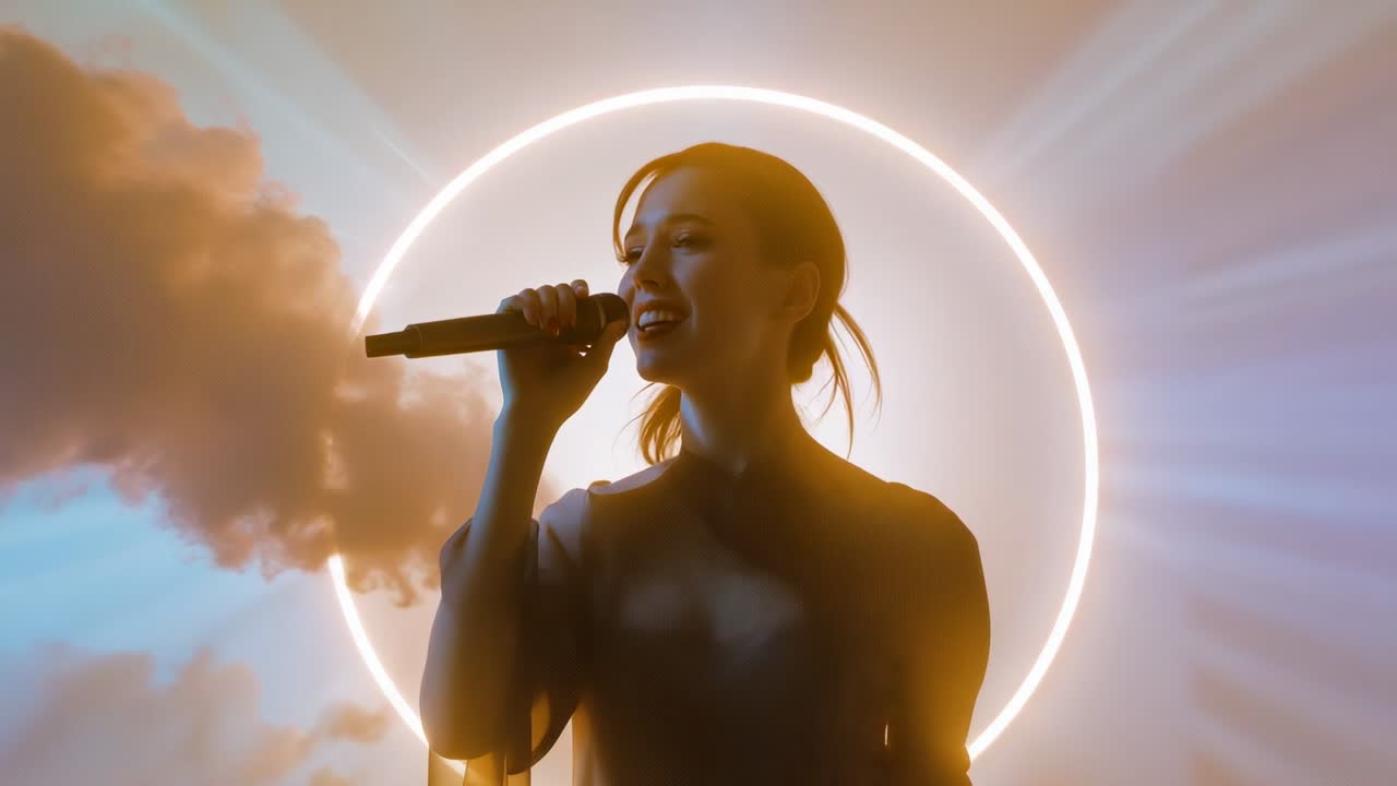 Smoke drifting in leading female performer singing into mic on stage, with neon ring haze