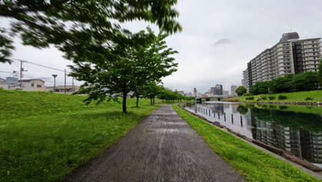 4k shot of green trees and river by the kasai rinkai park in the city of tokyo, japan