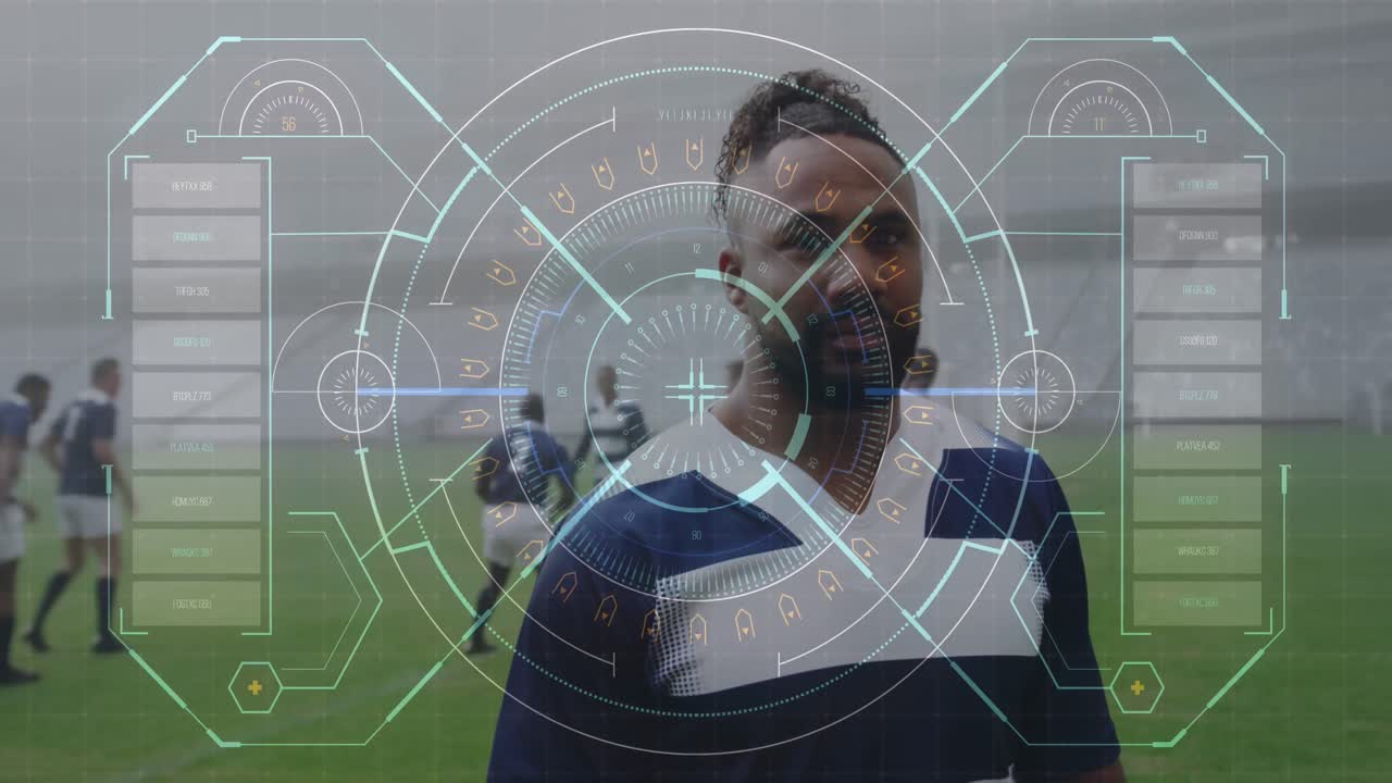 animación de la interfaz digital con bloqueo de seguridad que gira sobre los jugadores de rugby