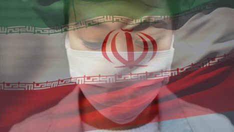 Animation-of-flag-of-iran-waving-over-woman-wearing-face-mask-during-covid-19-pandemic