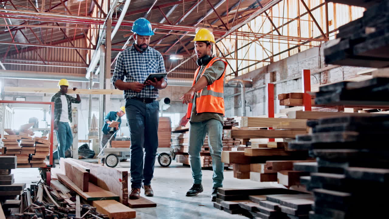 Industrial Workers Collaborating and Inspecting Lumber in Factory