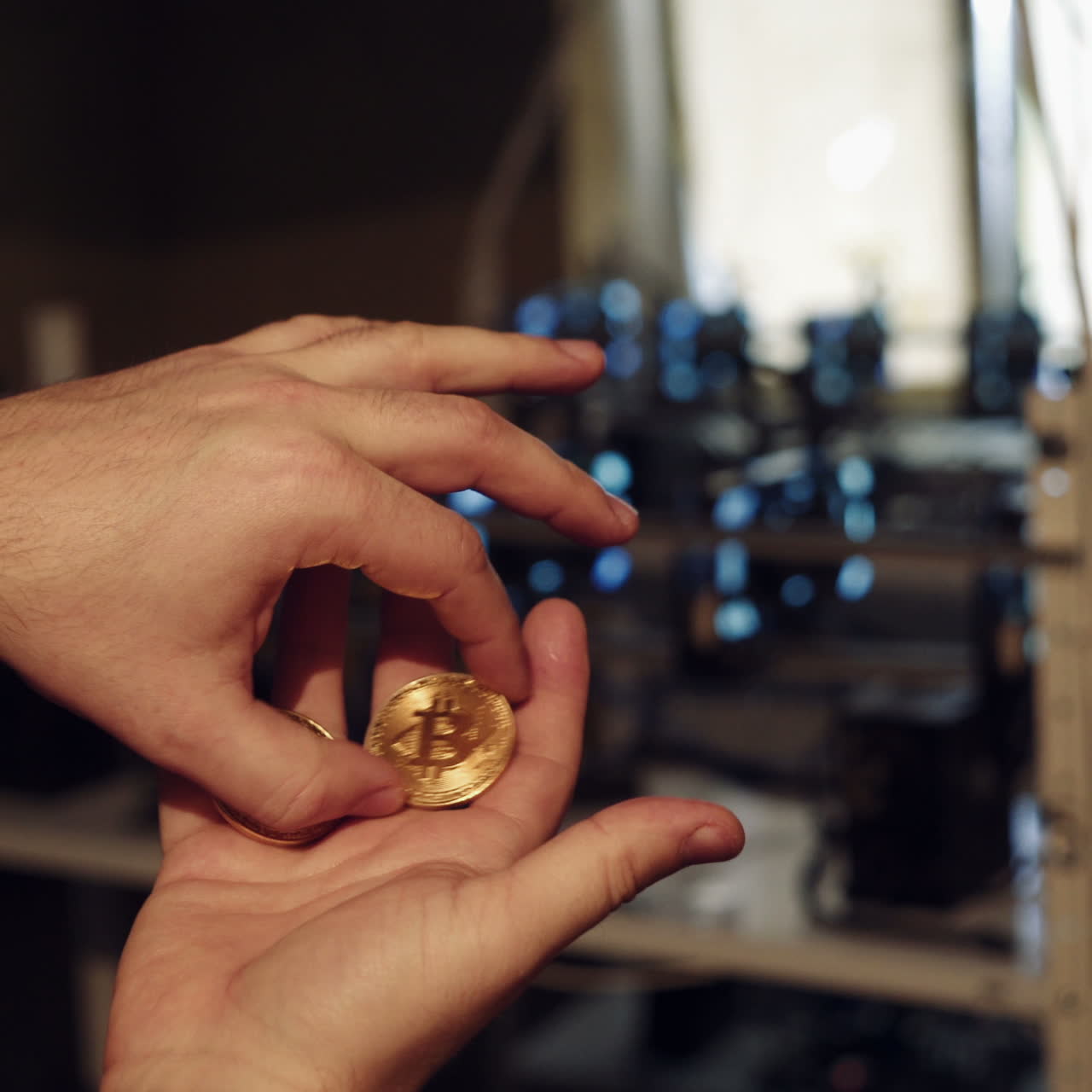 Cryptocurrency gold bitcoin coin in man hand. Symbol of crypto currency. Electronic virtual money for web banking and international network payment