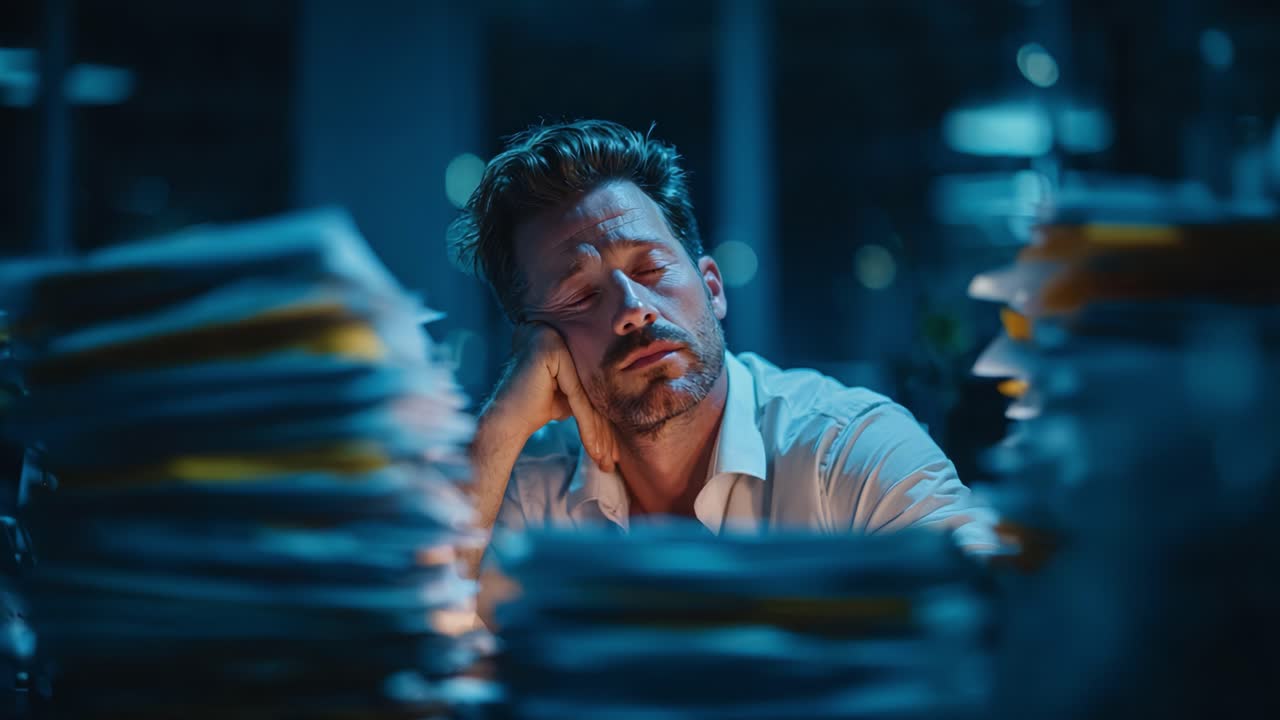 A Tired Professional Contemplates Life Amidst a Pile of Paperwork, Capturing the Essence of Overwhelm and Reflection on a Late Night at Work