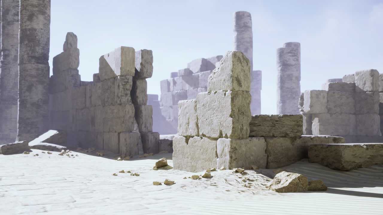Ancient ruins showcase weathered stones in a vast desert landscape