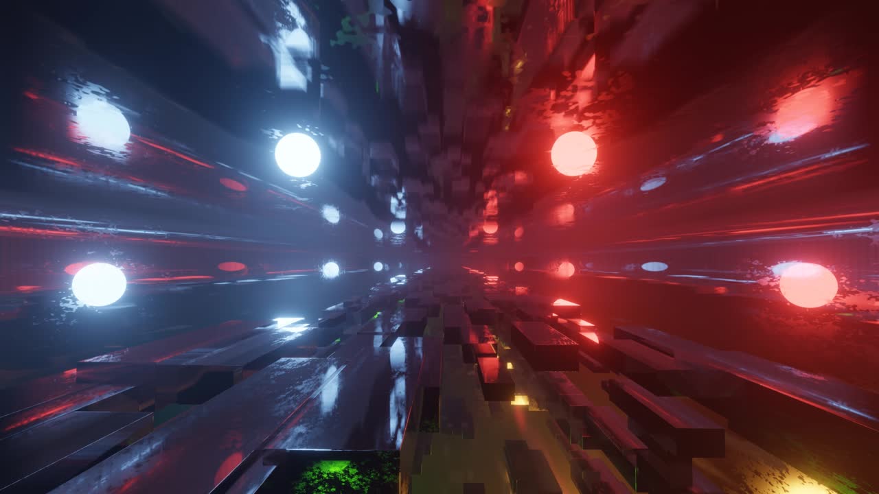 미스터리한 3d 객체, 안개 속의 공상과학 구조, 네온 빛으로 기술 사이버스페이스를 날아다니며, 하이테크 기술 터널을 통해 공상과학 비행, 홀로그램과 네온 빛, 3d 루프 무결 4k