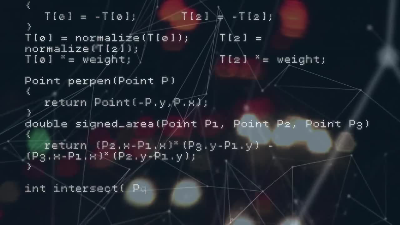 animación del procesamiento de datos y la red de conexiones contra la vista borrosa del tráfico nocturno de la ciudad