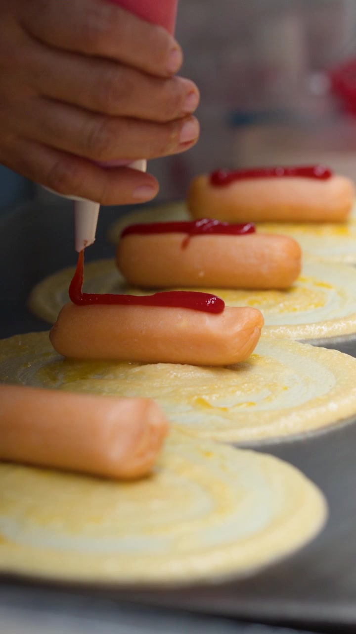 Primo piano di un venditore che applica salsa rossa su salsicce adagiate su frittelle sottili all'aperto