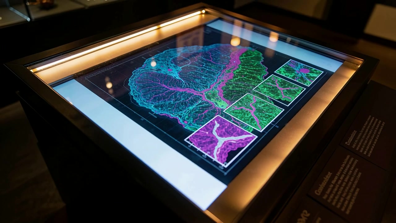 Moving camera passing over illuminated exhibit table in museum, revealing multicolor map and insets
