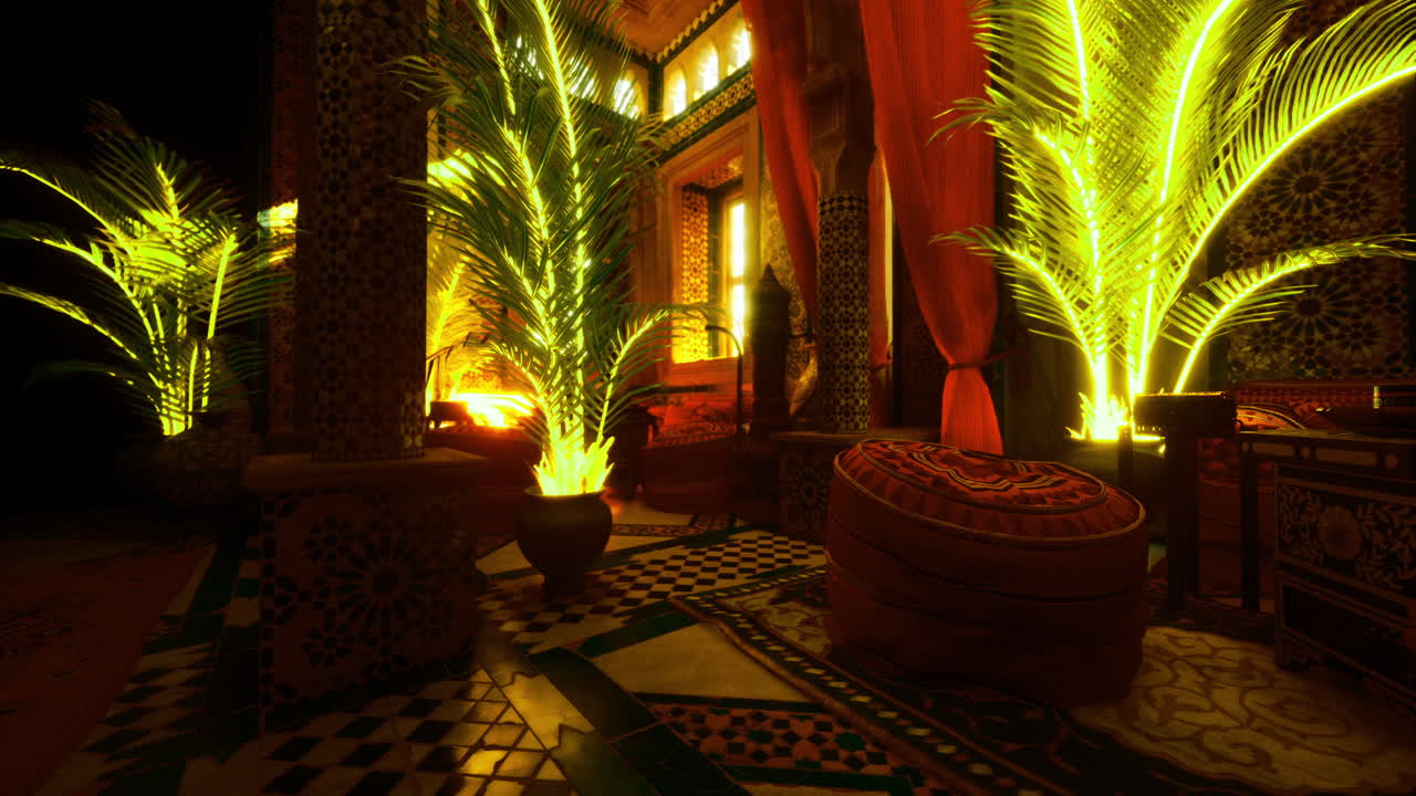 Twilight oasis with glowing palms and ornate decor