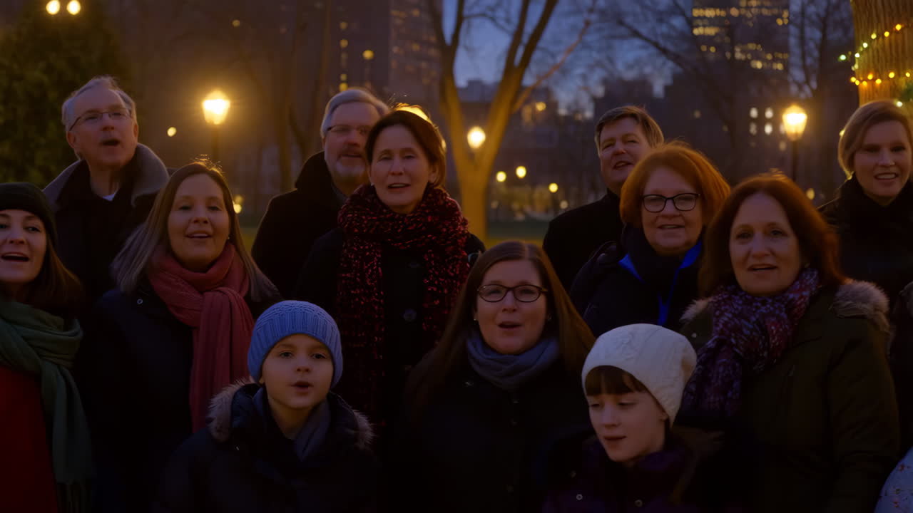 Group of people singing outdoors in winter