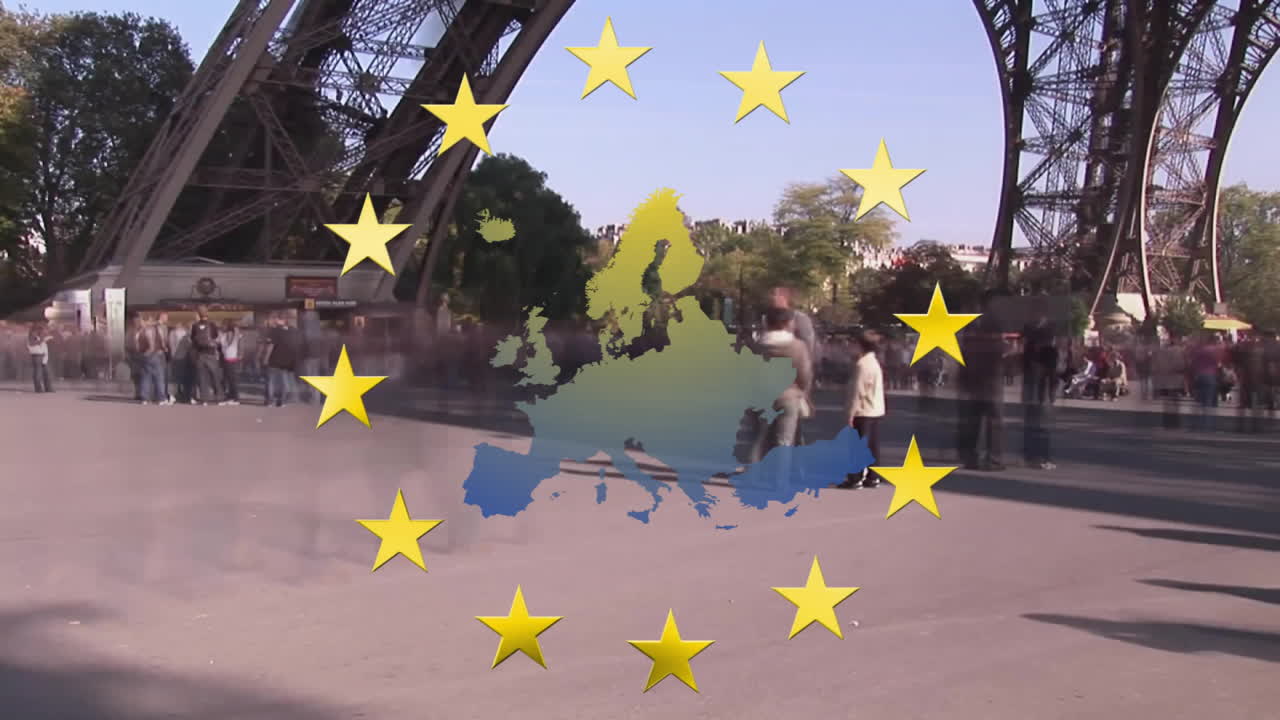 Flat scene showing translucent Europe map overlaying Paris plaza under Eiffel Tower, stars rotating