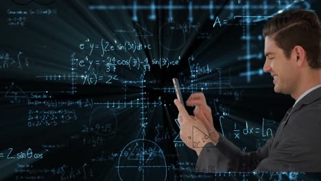 animation of data processing and mathematical equations over businessman using tablet