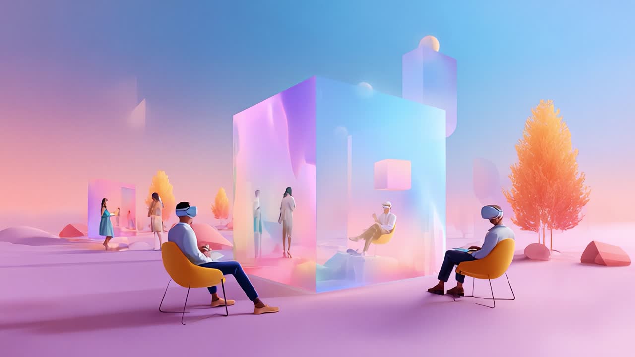 Exploring Virtual Realities: A Group of Individuals Interacting in an Artistic Digital Environment Featuring Translucent Structures, Ethereal Landscapes, and Futuristic Technologies