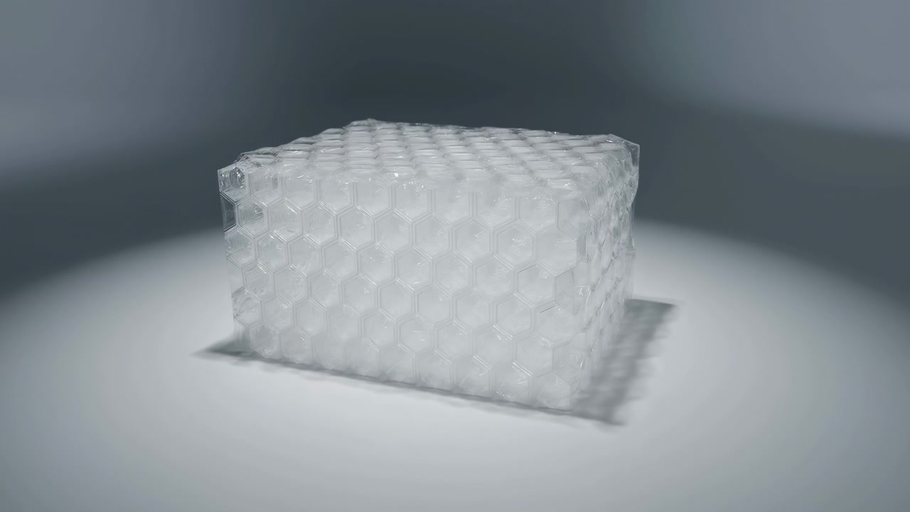 Transparent cube no action observed, in neutral background with soft lighting, with transparent cube, with transparent material texture, from a static front view perspective, with white, gray accents.