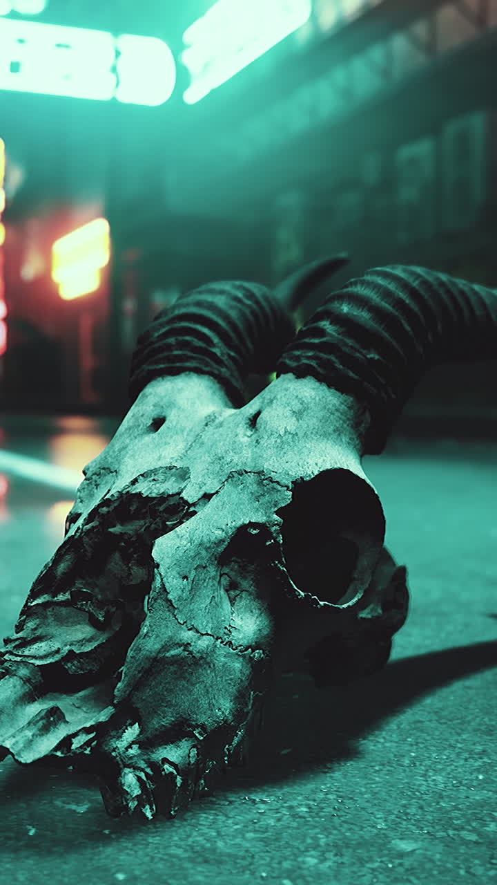 un cráneo en la ciudad de neón