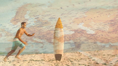 animación del mapa del mundo sobre el hombre caucásico corriendo a la tabla de surf en la playa