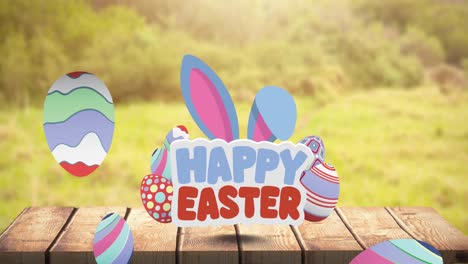 Animation-of-happy-easter-text-with-easter-bunny-ears-and-easter-eggs-over-wooden-surface-and-grass
