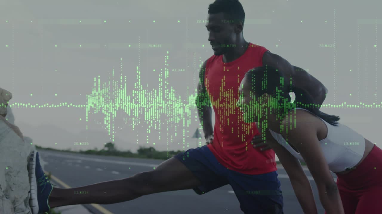 Two athletes using rock barrier performing hamstring stretches, with animated muscles for fitness