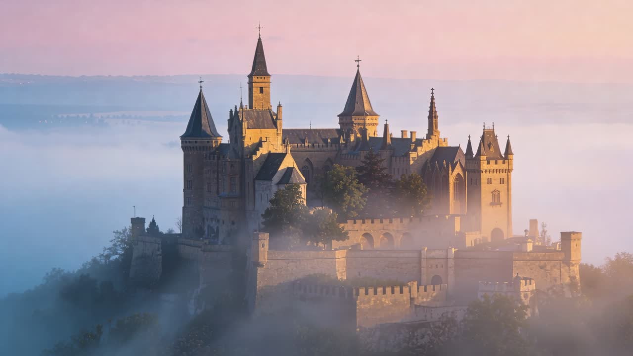 El sol naciente calienta un castillo de piedra de estilo medieval en la cima de una colina, la niebla se disipa revelando las murallas.