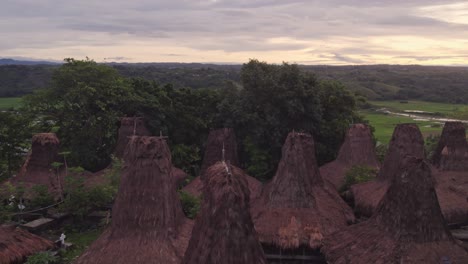 fotografía reveladora de kampung situs yarro wora en sumba, indonesia, durante el amanecer, desde el aire