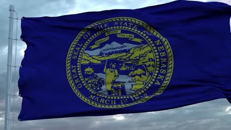 flag of nebraska waving in the wind against deep beautiful clouds sky