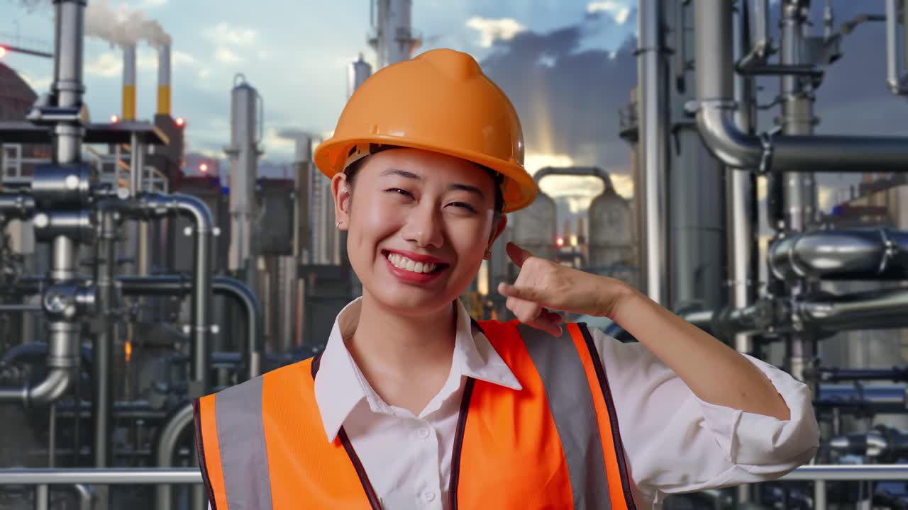 Woman Engineer Gesturing Phone Call in Industrial Plant