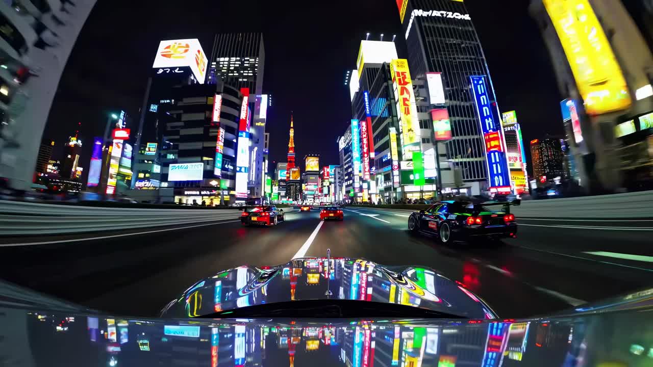 Dynamic low-angle video shot of a vibrant cityscape at night, capturing colorful neon lights