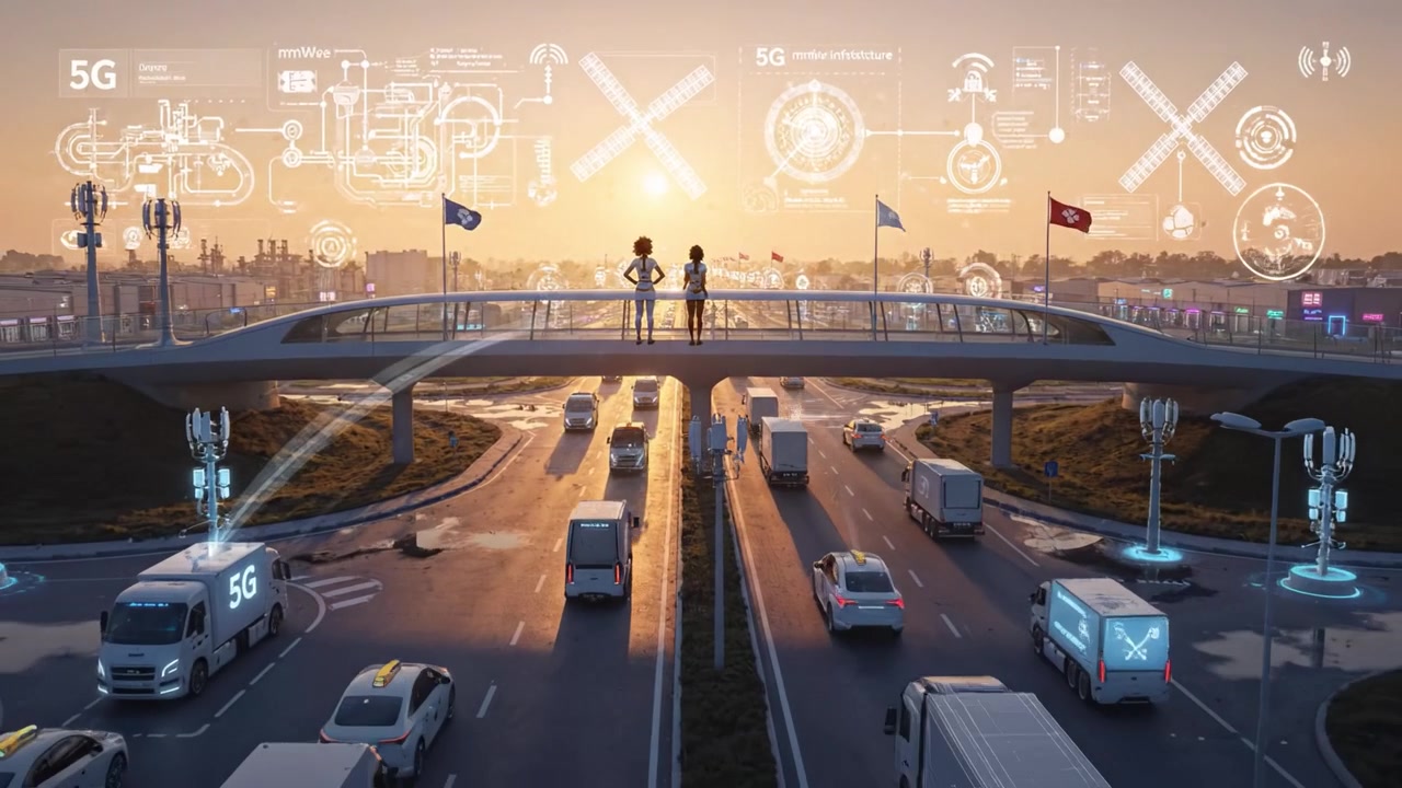 Advanced Connected Transportation: Aerial View of Smart Vehicles Utilizing V2V and 5G Technology on a Modern Sunset Highway Landscape