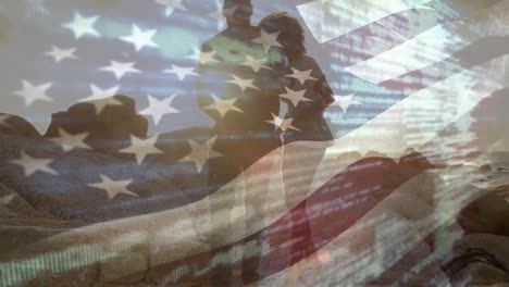 Animation-of-flag-of-usa-over-african-american-couple-at-beach