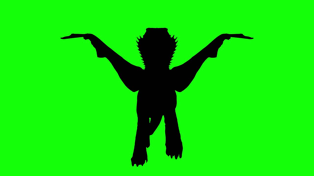 Silhouette di un mostro drago fantastico che cammina su schermo verde, vista frontale