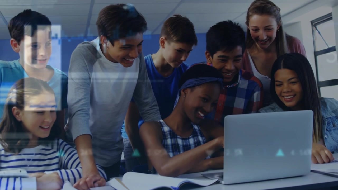 Animation of data processing over diverse students using laptop