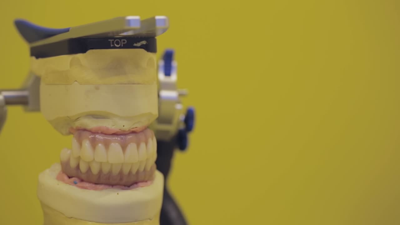 Dental prosthetic model on an articulator against a yellow background