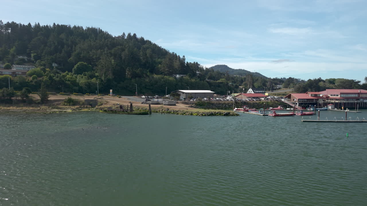 Buildings near harbor in Gold Beach Oregon. Aerial drone view