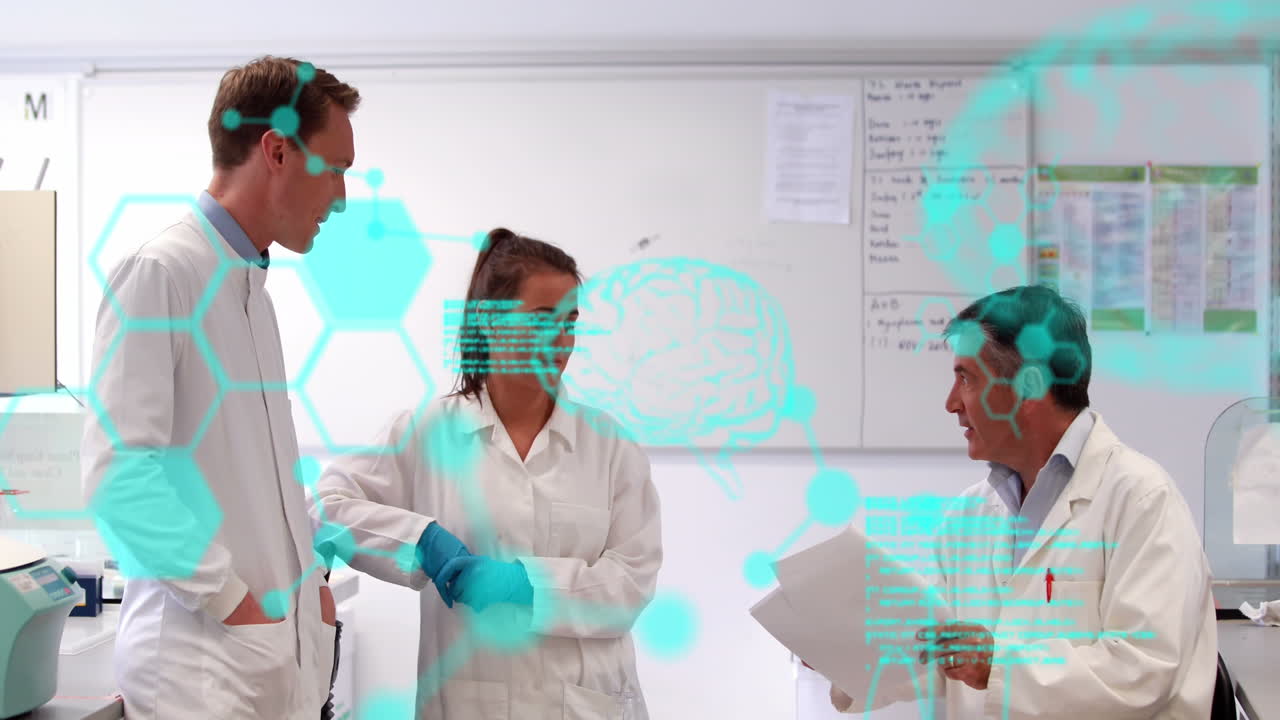 animación del lenguaje informático, cerebros sobre diversos científicos discutiendo en el laboratorio