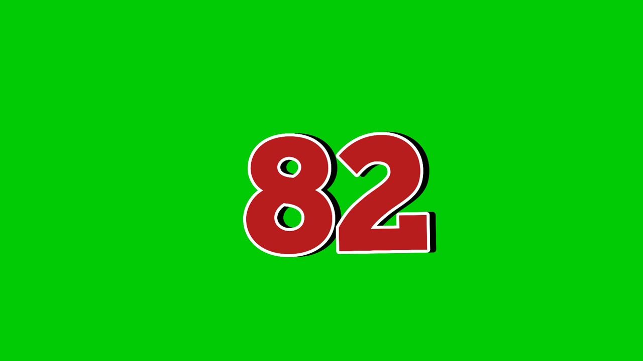 Animazione del simbolo del numero 82, grafica in movimento, cartone animato, sfondo green screen. Elementi video con effetti di fumo rossi sul numero