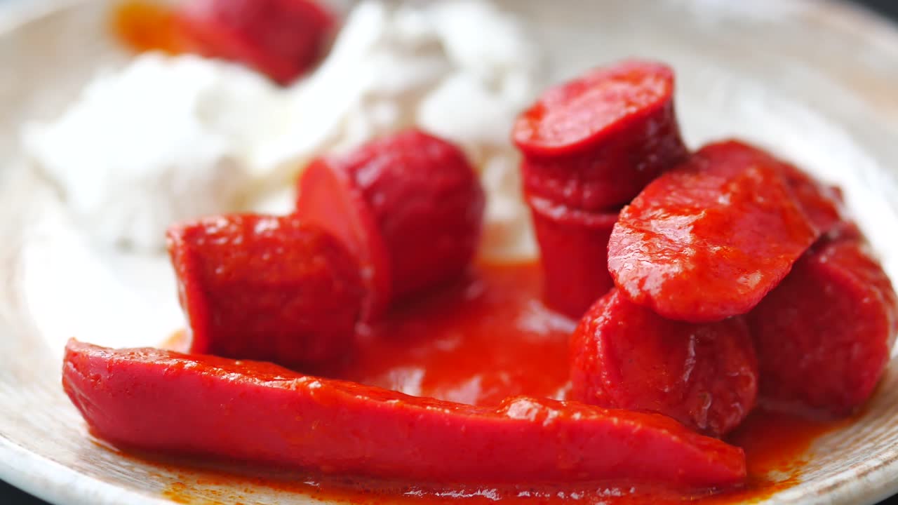 comiendo salchichas a la parrilla con tomates,