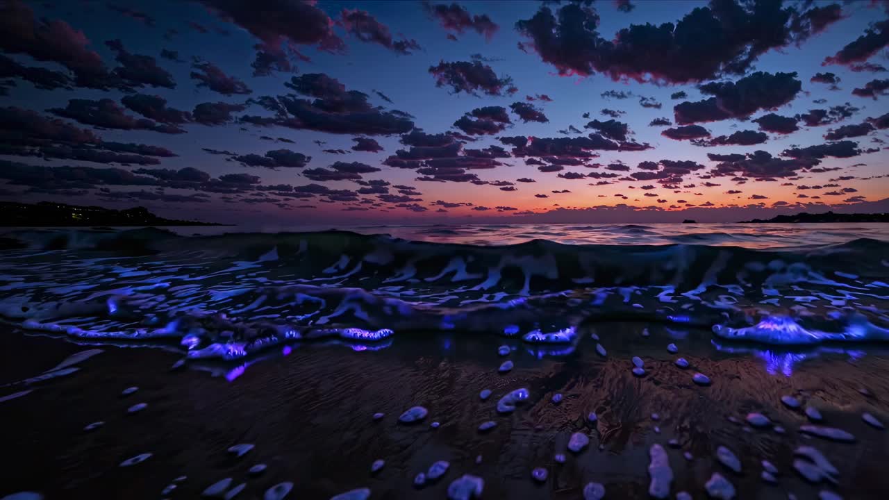 Low-angle video of bioluminescent waves at dusk, capturing the vibrant glow against a dramatic
