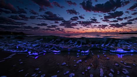 low-angle video of bioluminescent waves at dusk, capturing the vibrant glow against a dramatic