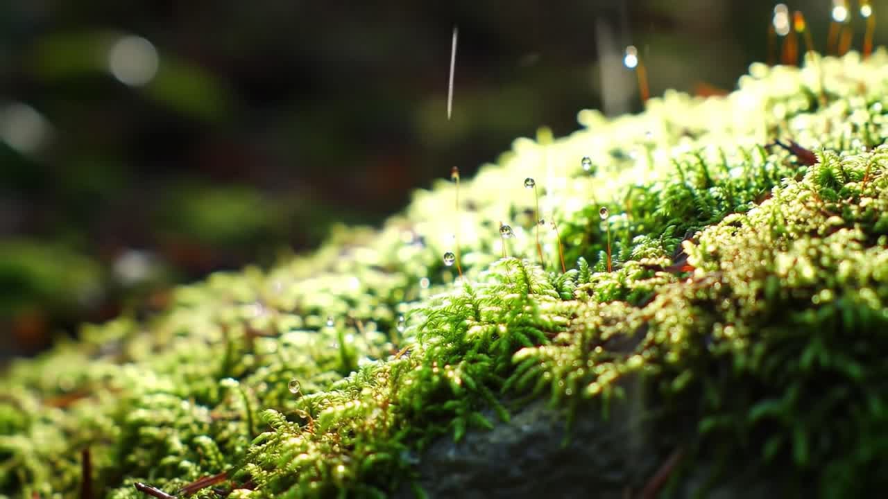 Morning light illuminates vibrant green moss covered in fresh dewdrops. The tranquil forest setting highlights nature's beauty and peaceful atmosphere.