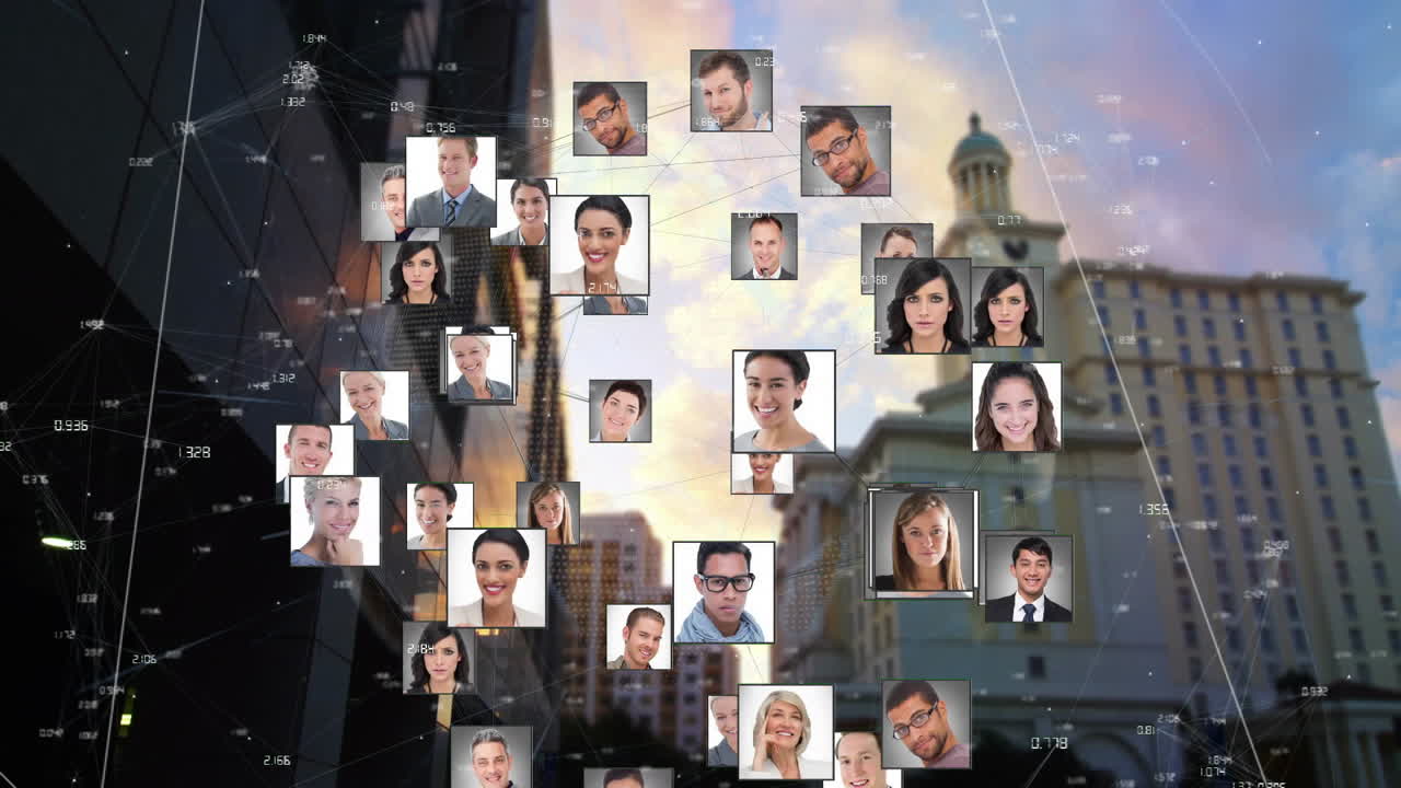 Animation of globe of network of connections with people photos over cityscape