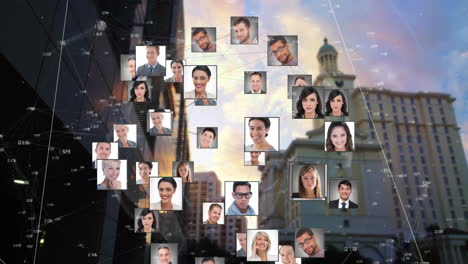 animation of globe of network of connections with people photos over cityscape