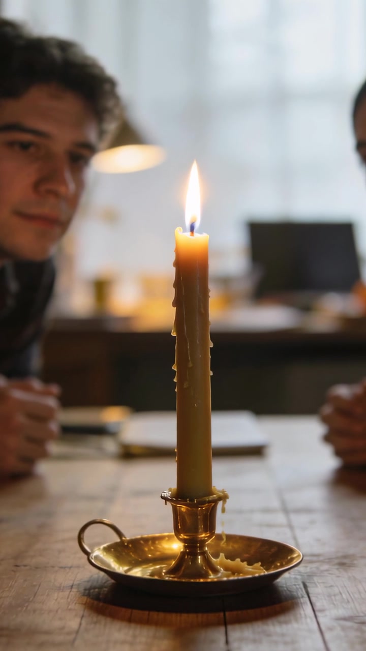 Vertical video: Leaning pair watching taper candle in brass holder at home, breath flickering flame