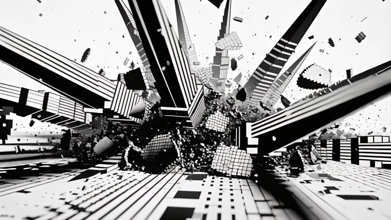 Collapsing striped towers fracturing after central impact against white void, ejecting two spheres
