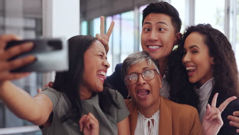 phone selfie, peace sign and group of business