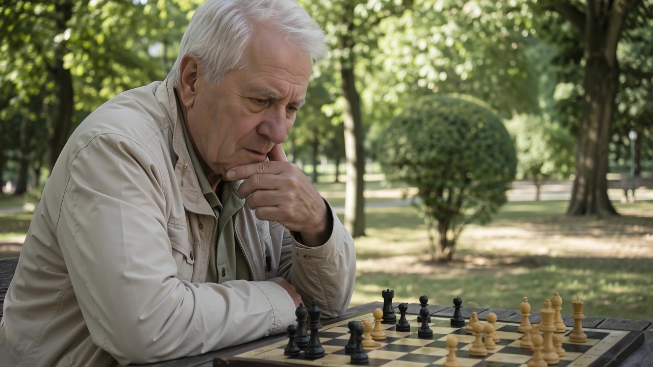 Senior man thinking deeply and making a move during a game of chess in a park