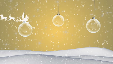 animation of santa claus in sleigh with reindeer over snow falling and christmas baubles