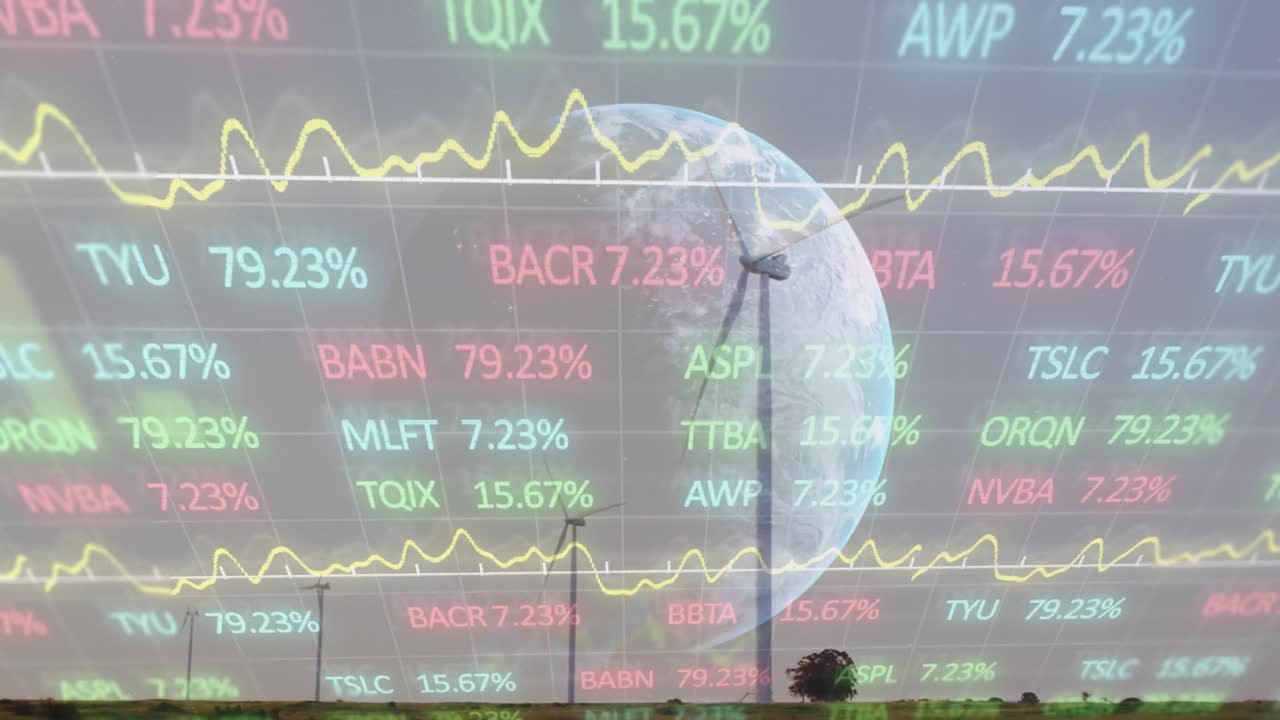 회전하는 풍차에 대항하여 전 세계 주식 시장 데이터 처리의 애니메이션